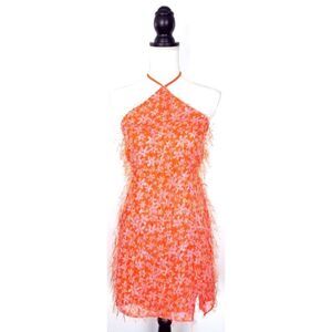 NEW NWT Wild Fable Floral Fringe Halter Dress Side Slit Pink Orange Size Small